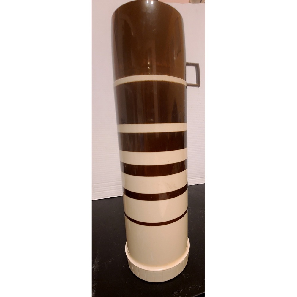 Vintage Thermos Brand Classic Brown Cream Stripe Insulated Vacuum Bottle and Cup